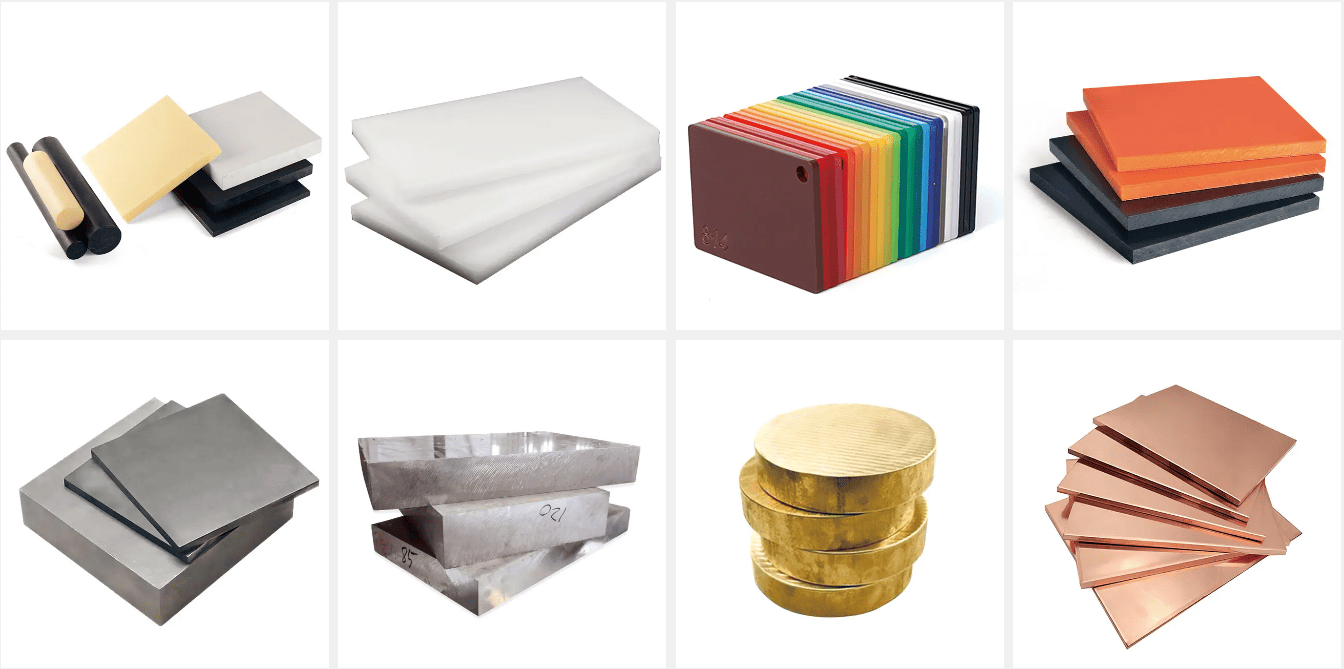 Materiales CNC Pl&aacute;sticos: ABS, PP, PMMA (acr&iacute;lico), PC, POM (Delrin), PBT, nailon (PA), PU, ​​RESINA, PEEK, PE, PTFE (tefl&oacute;n), G-10 (FR-4), PVC, EVA, EPS, Ultum 1000 (&Aacute;MBAR PEI) Metales: acero inoxidable, acero, aluminio, lat&oacute;n, cobre, hierro, magnesio, acero para herramientas, acero aleado